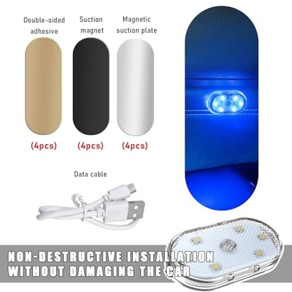 Magnetic car interior LED lights with double-sided adhesive, suction, and USB power cable
