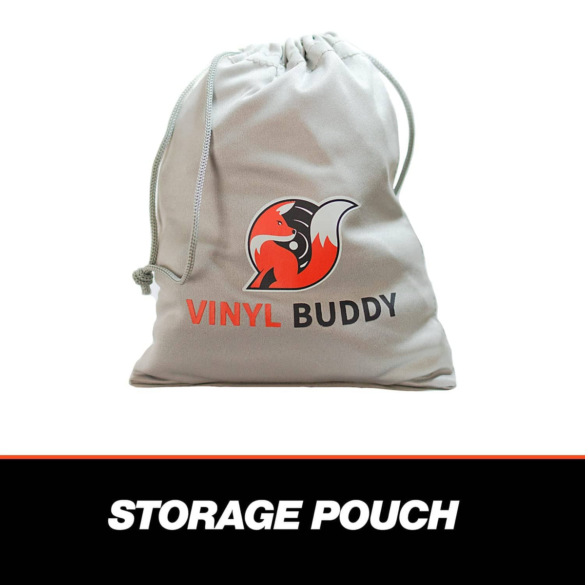 Beige drawstring storage pouch with Vinyl Buddy logo for record kit