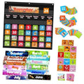 Black classroom calendar pocket chart with month headers and numbered date cards grid