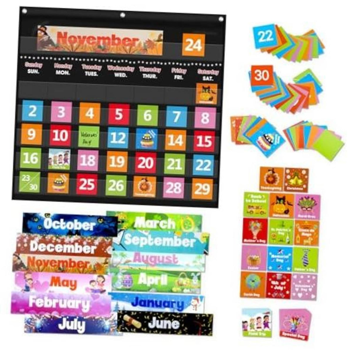 Black classroom calendar pocket chart with month headers and numbered date cards grid