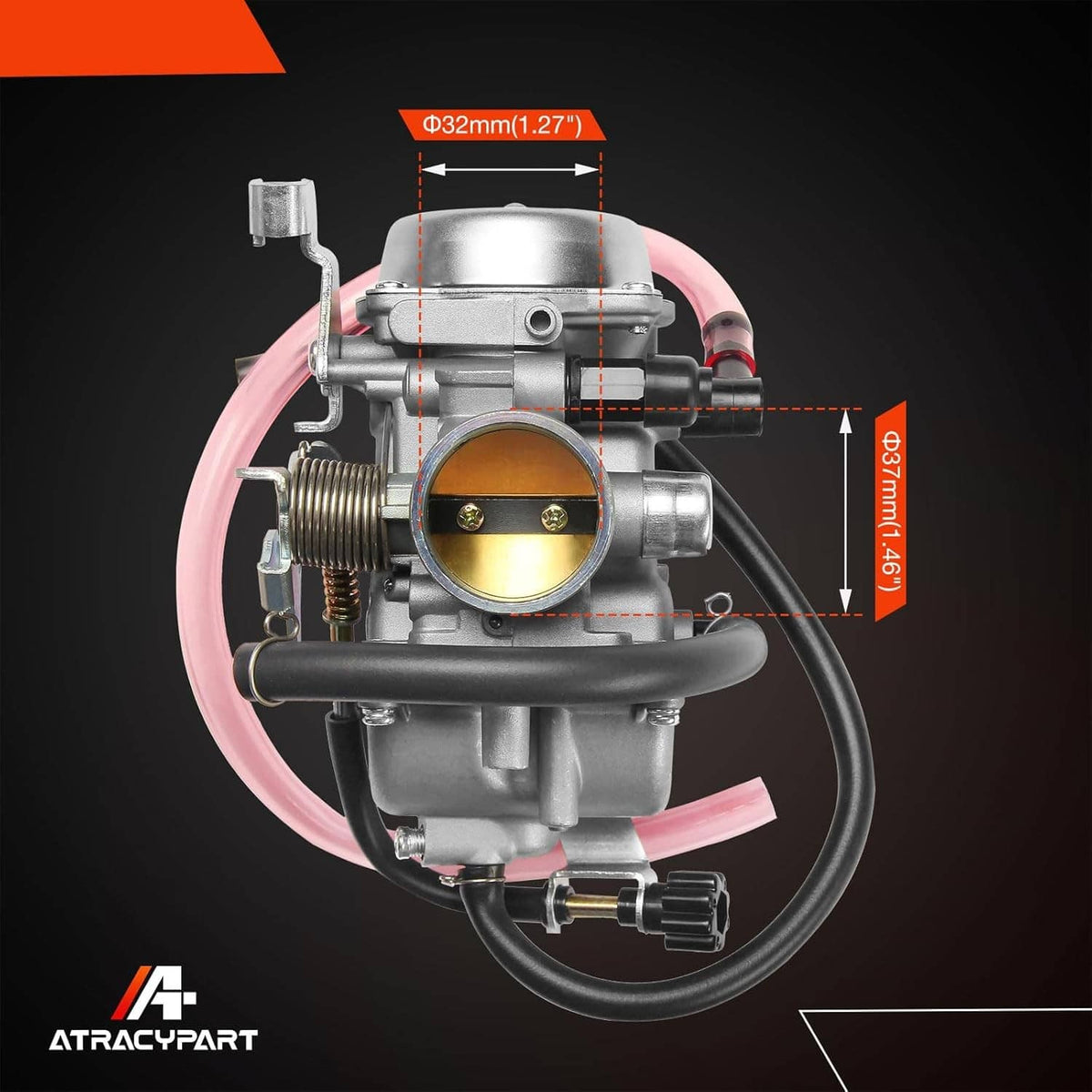 Carburetor assembly with throttle and air intake, metal body and pink fuel hose