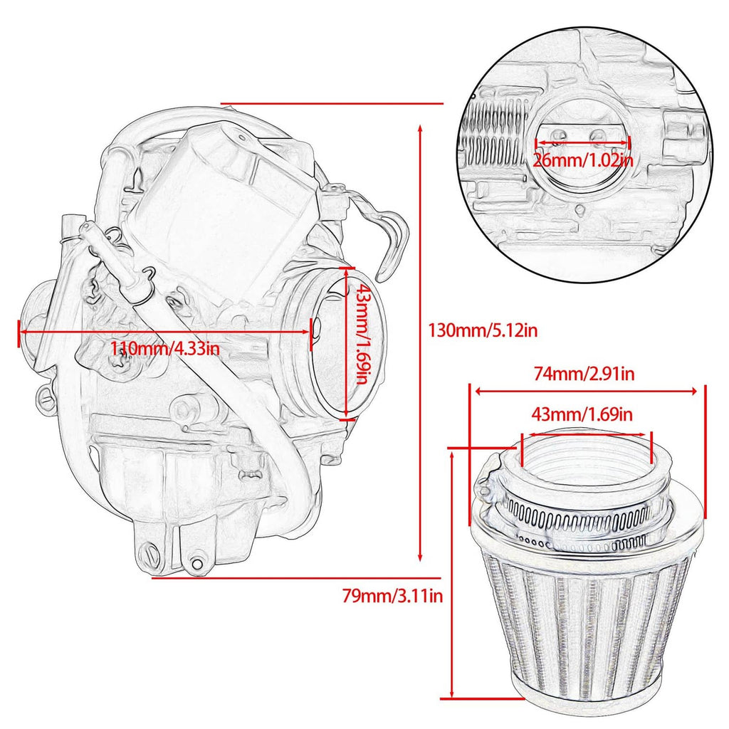 Carburetor kit dimension diagram with air filter and outlet size measurement