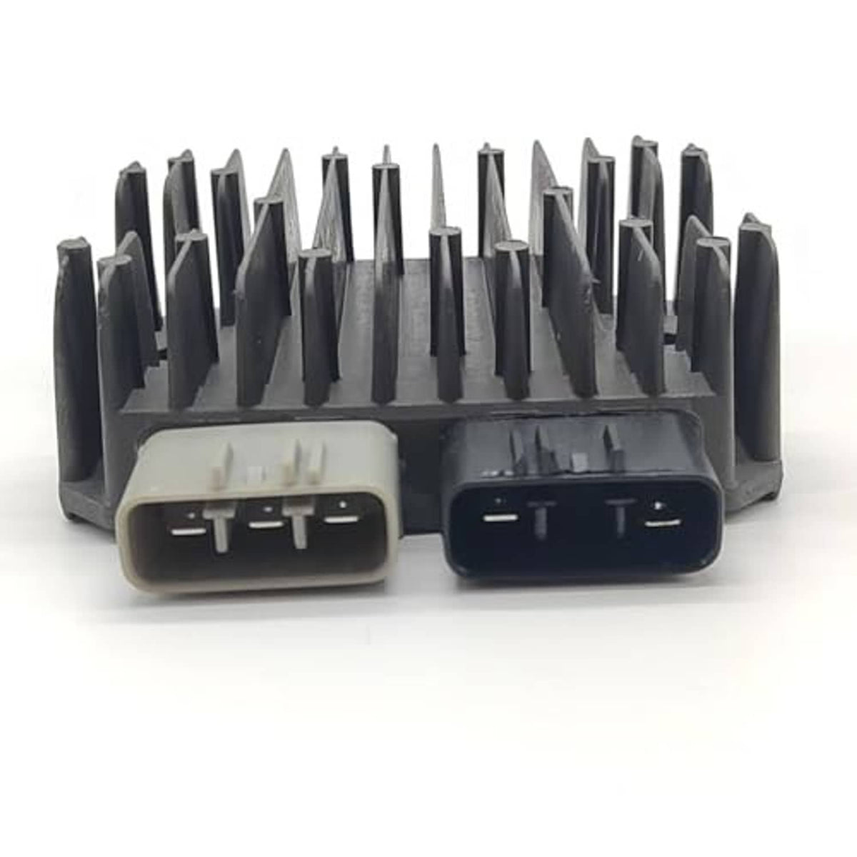 Voltage regulator rectifier electronic module with dual black connectors and cooling fins