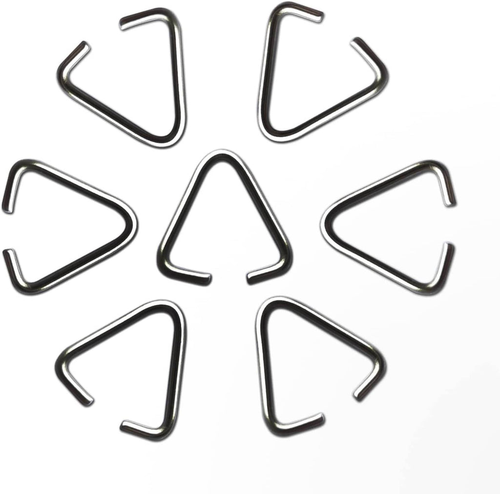 Assorted silver-tone triangle open jump rings, U-shaped pinch-bail clips