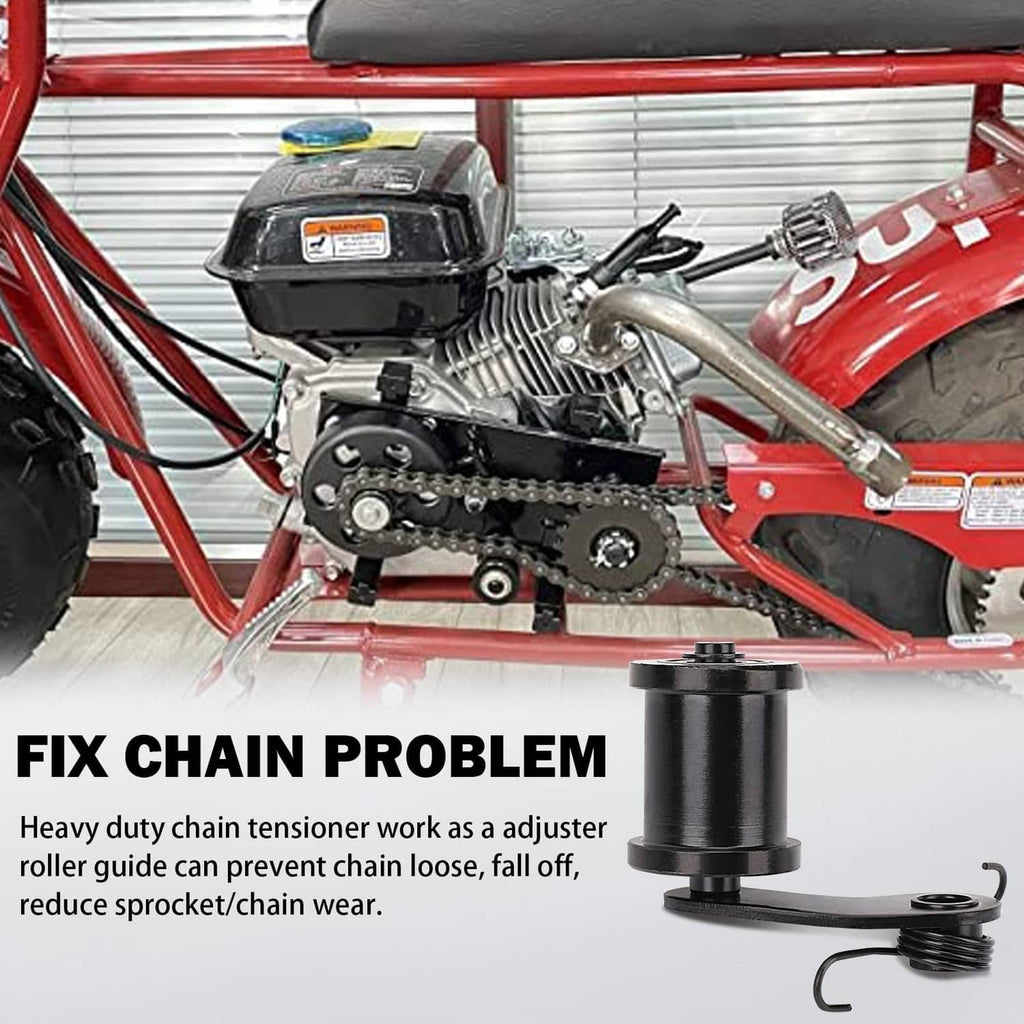 Black chain tensioner mounted on mini bike frame near drive chain