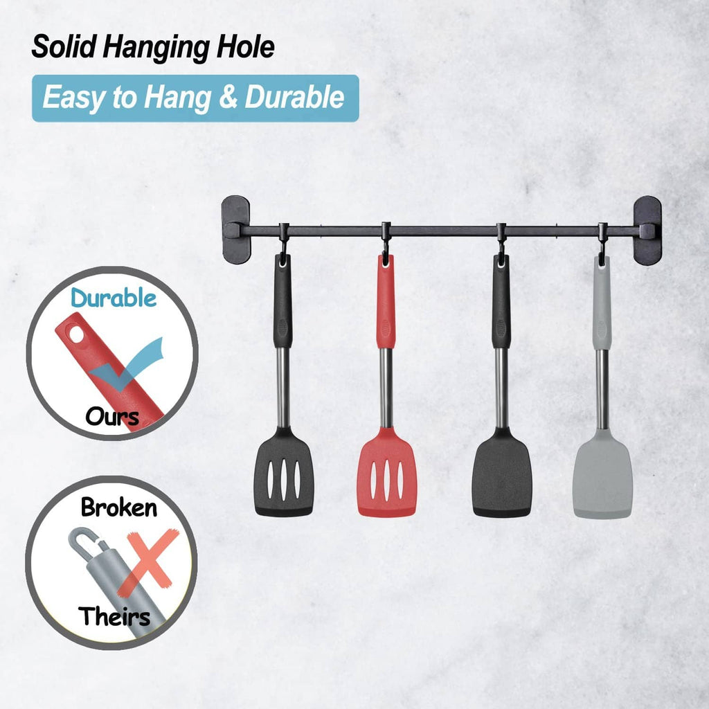 Spatulas with solid hanging holes shown on a rack for easy storage
