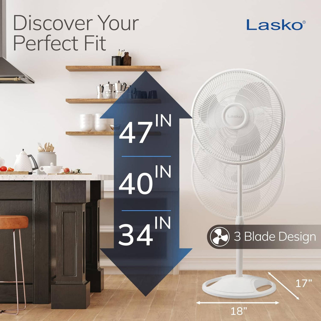 Lasko white stand fan with circular grille and pedestal base.