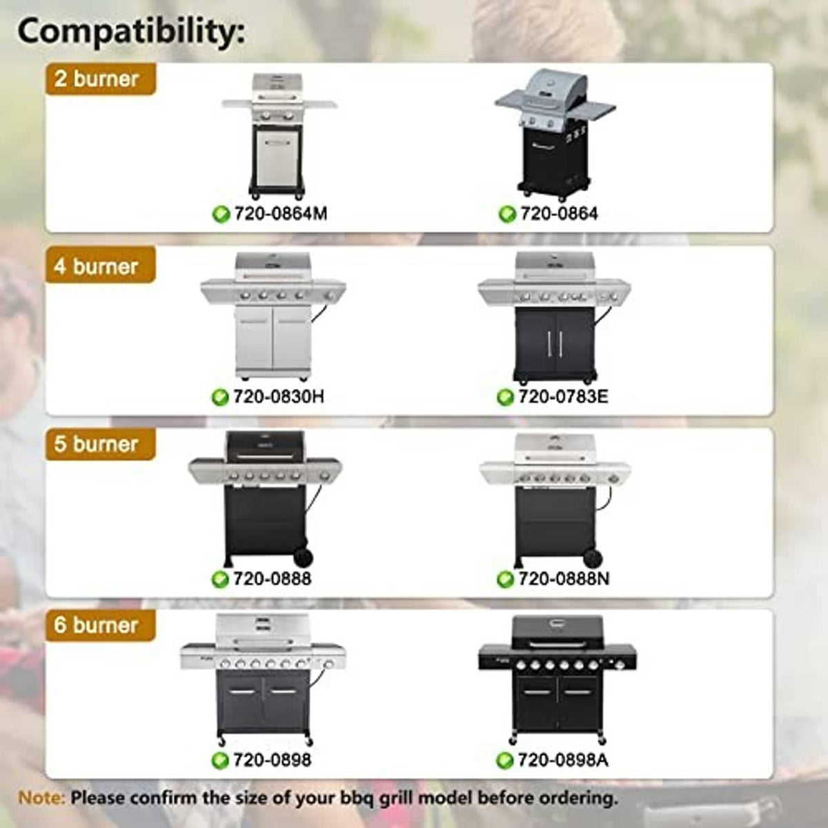 Grill replacement parts compatibility chart for 2-6 burner models