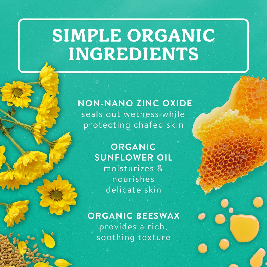 Organic zinc oxide ingredient graphic with sunflower oil and beeswax on teal background