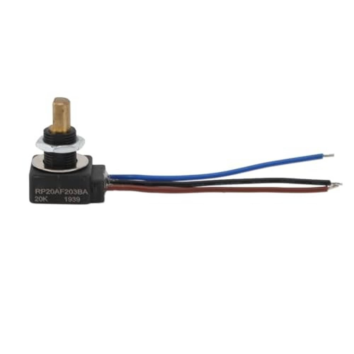 Adjustable resistor with printed markings on black base, brass top, and three lead wires