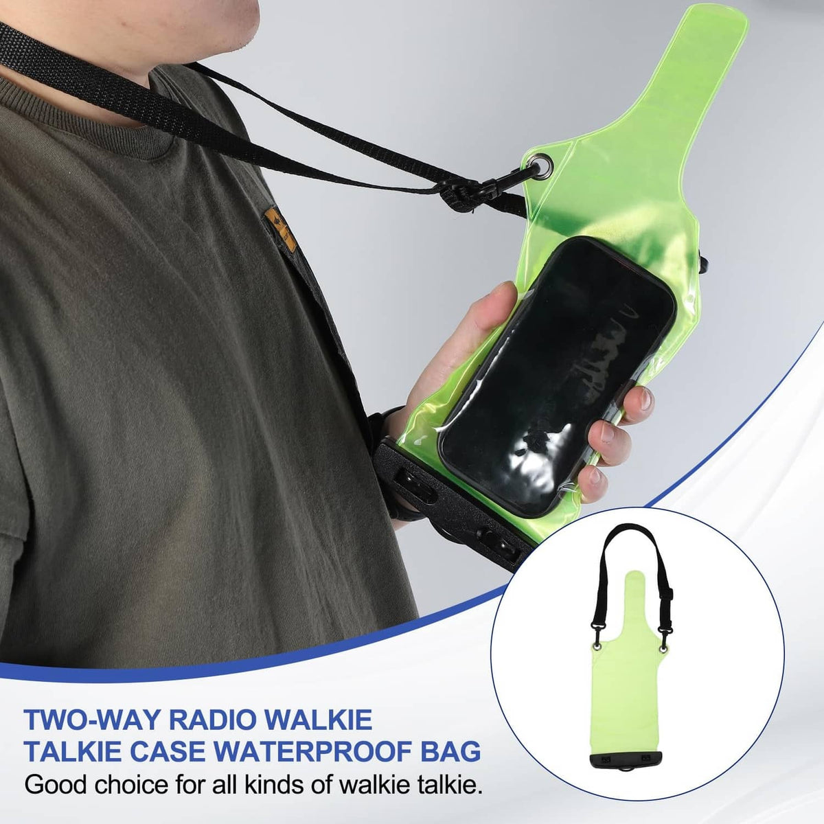 Green waterproof walkie talkie case worn on shoulder with black lanyard and clear window
