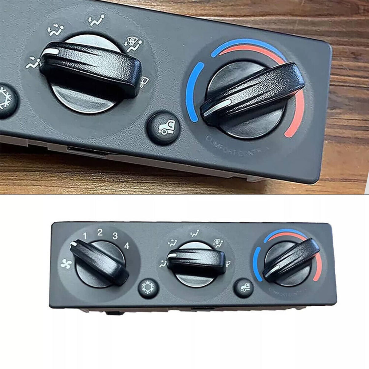 A/C climate control module panel close-up showing fan and airflow knobs with blue/red dial