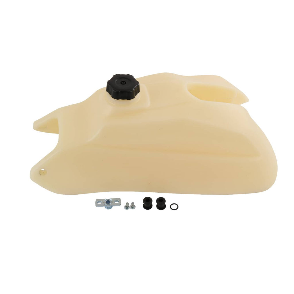 Plastic fuel tank with black gas cap and included mounting hardware, beige