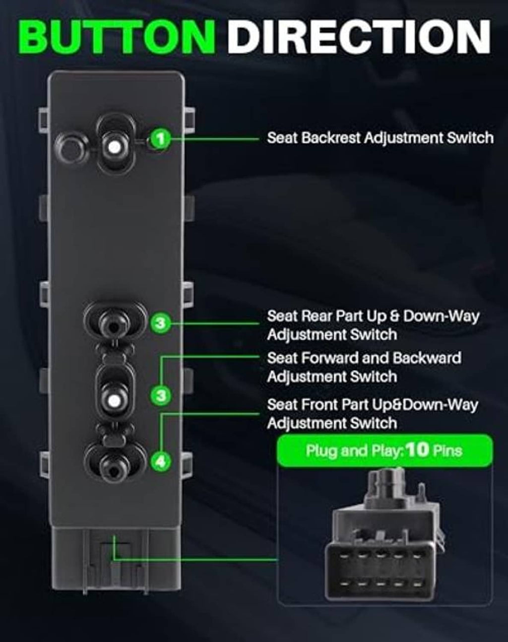 Power seat switch connector layout with button switches and pin interface
