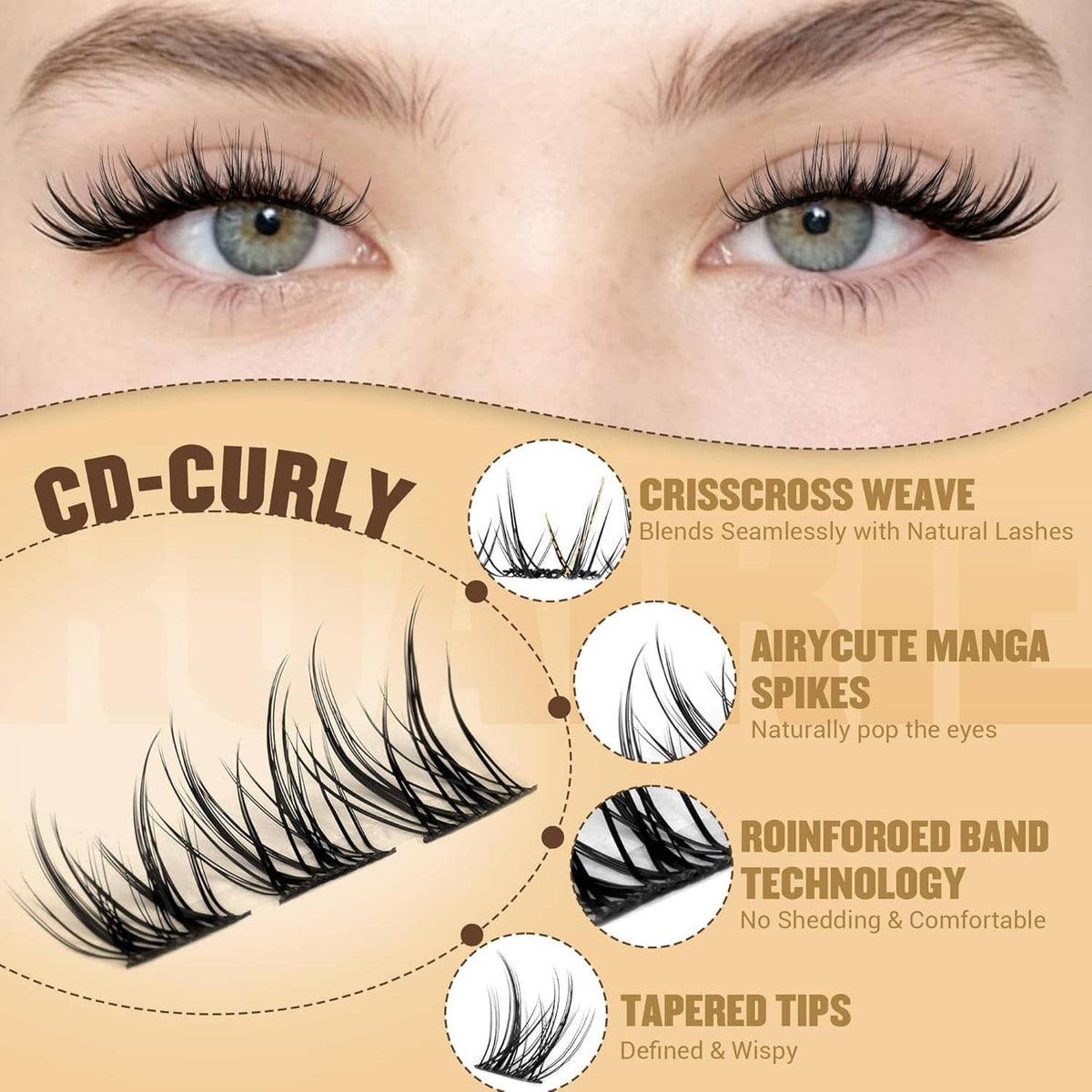 Wispy black lash clusters on model eyelids, side view for natural volume look
