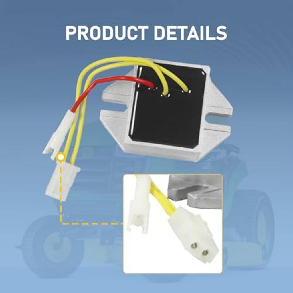 Voltage regulator module with black top block and yellow/red wire connectors on metal base