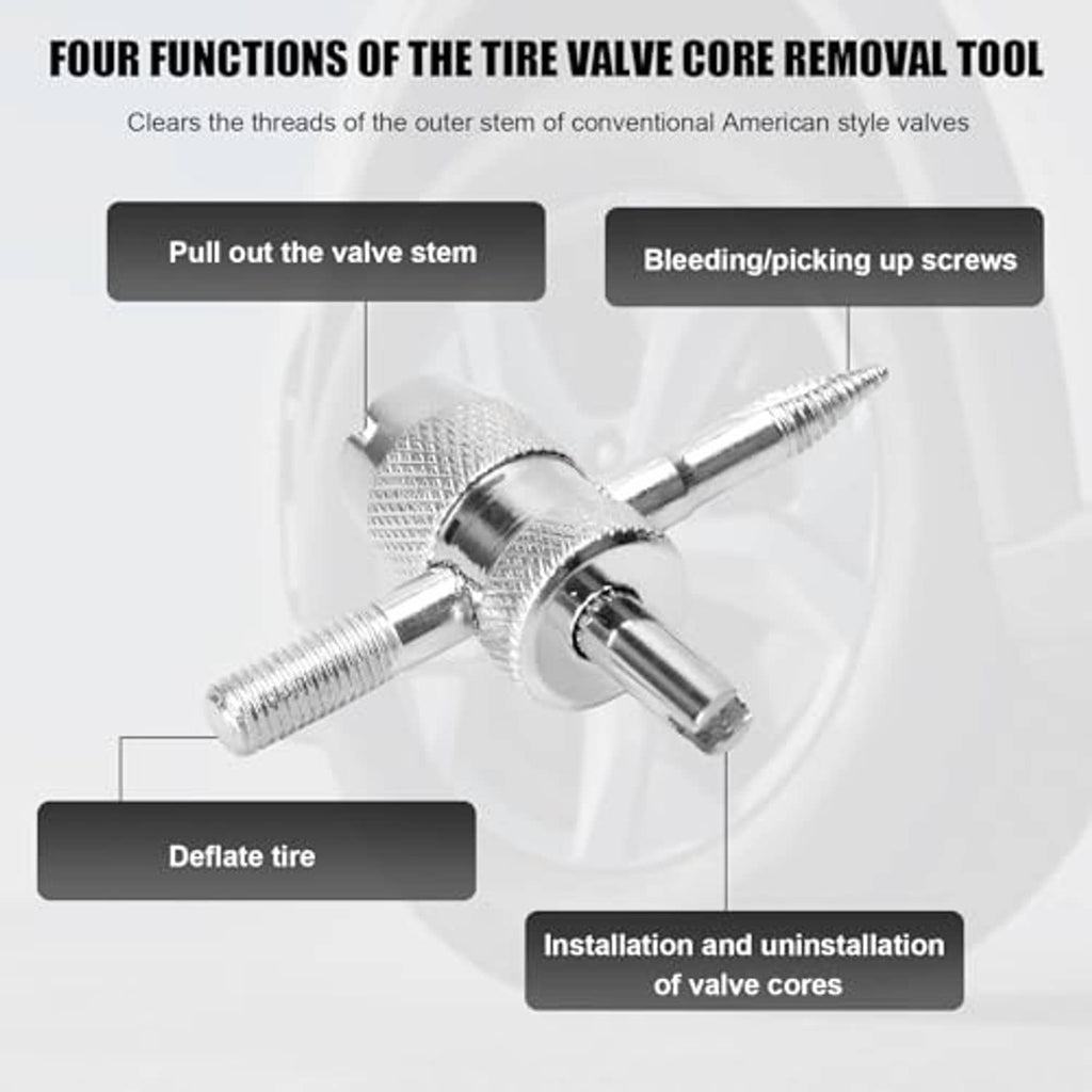Four-function tire valve core removal tool with metal handle and valve stem insert