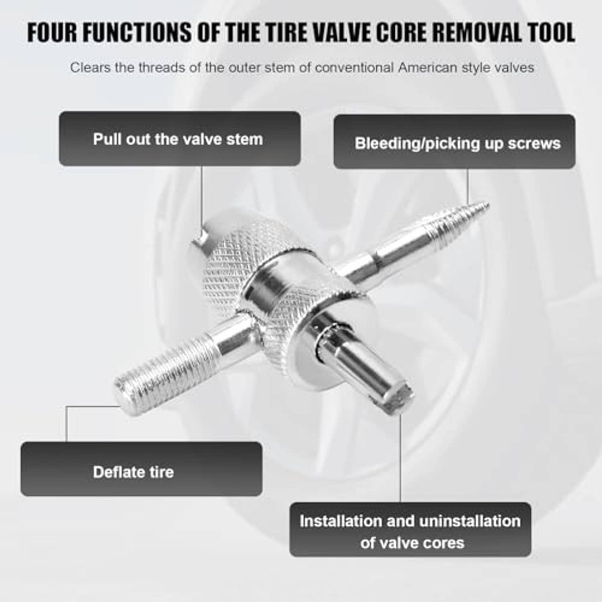 Four-function tire valve core removal tool with metal handle and valve stem insert