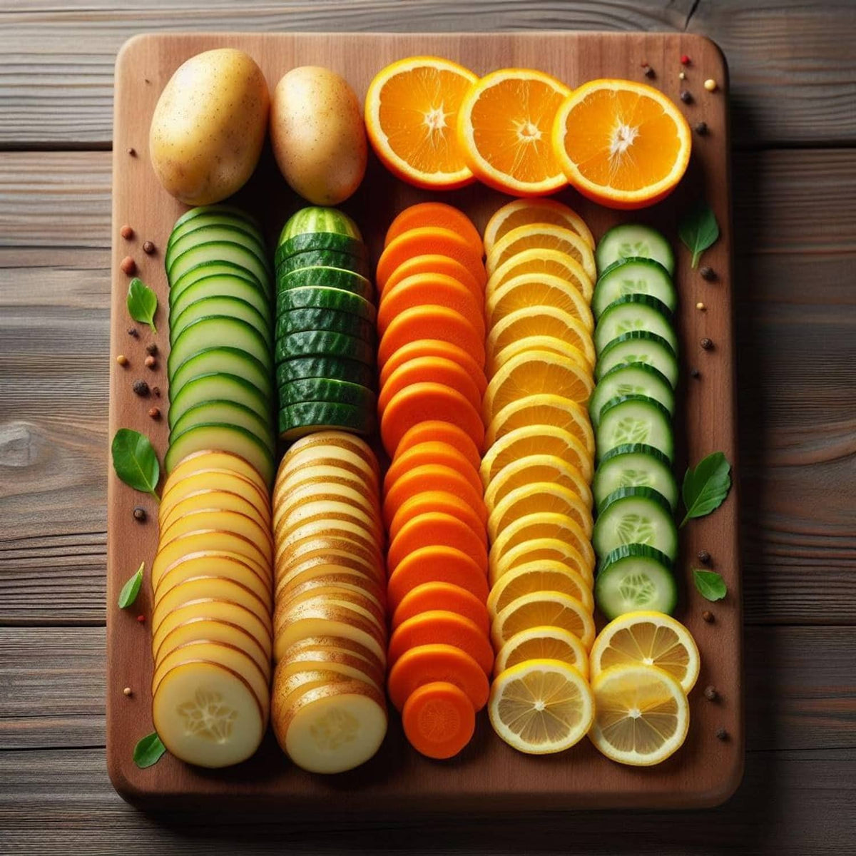 Mandoline-sliced vegetable assortment on tray: potato, zucchini, carrot, and citrus