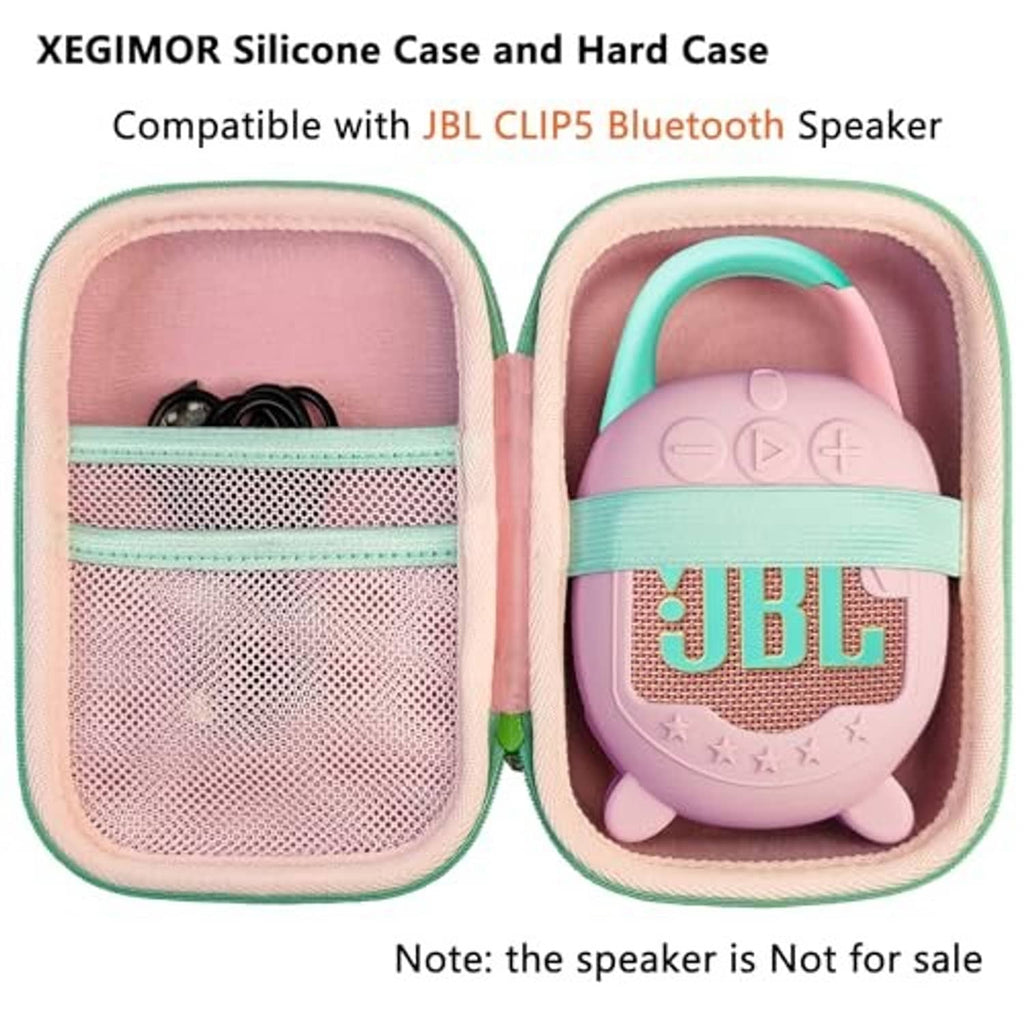 Pink silicone speaker case with hard EVA shell and mint strap, two views