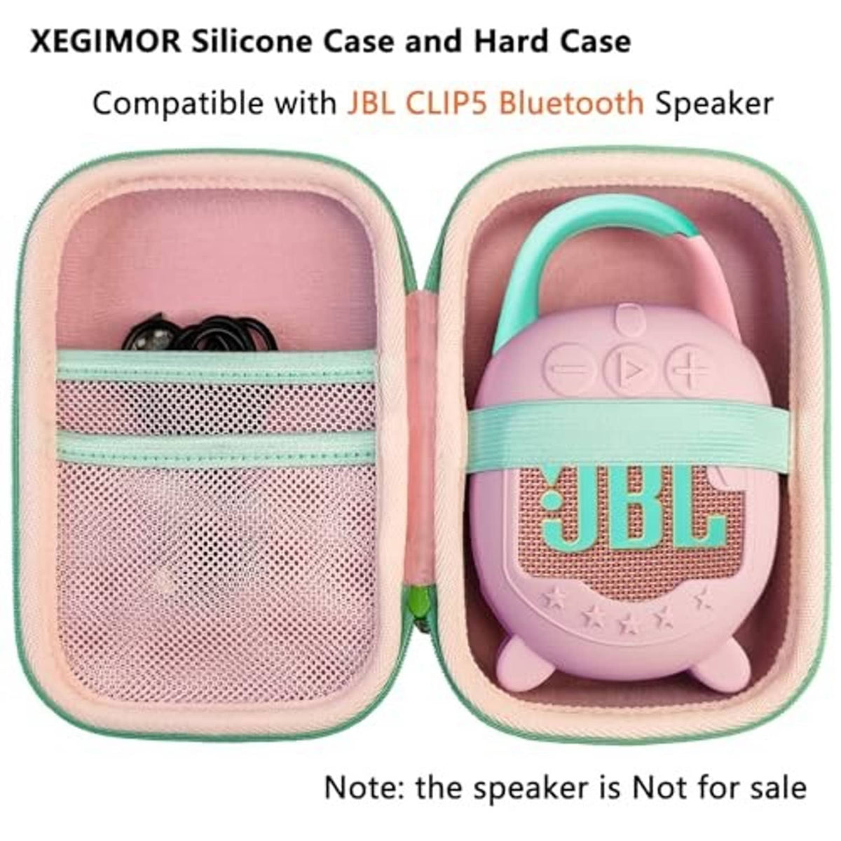 Pink silicone speaker case with hard EVA shell and mint strap, two views