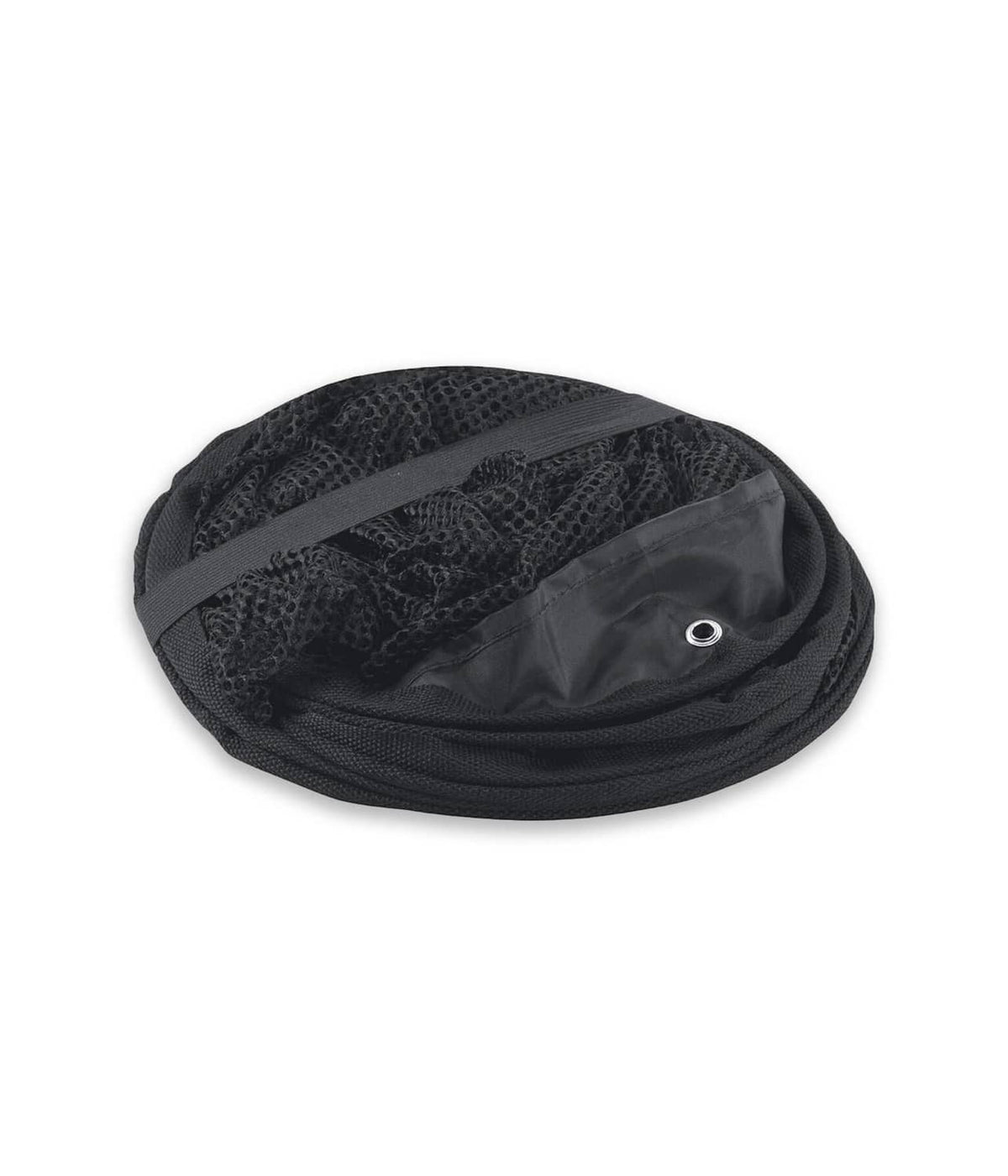 Folded black collapsible golf chipping net with fabric top and Callaway logo