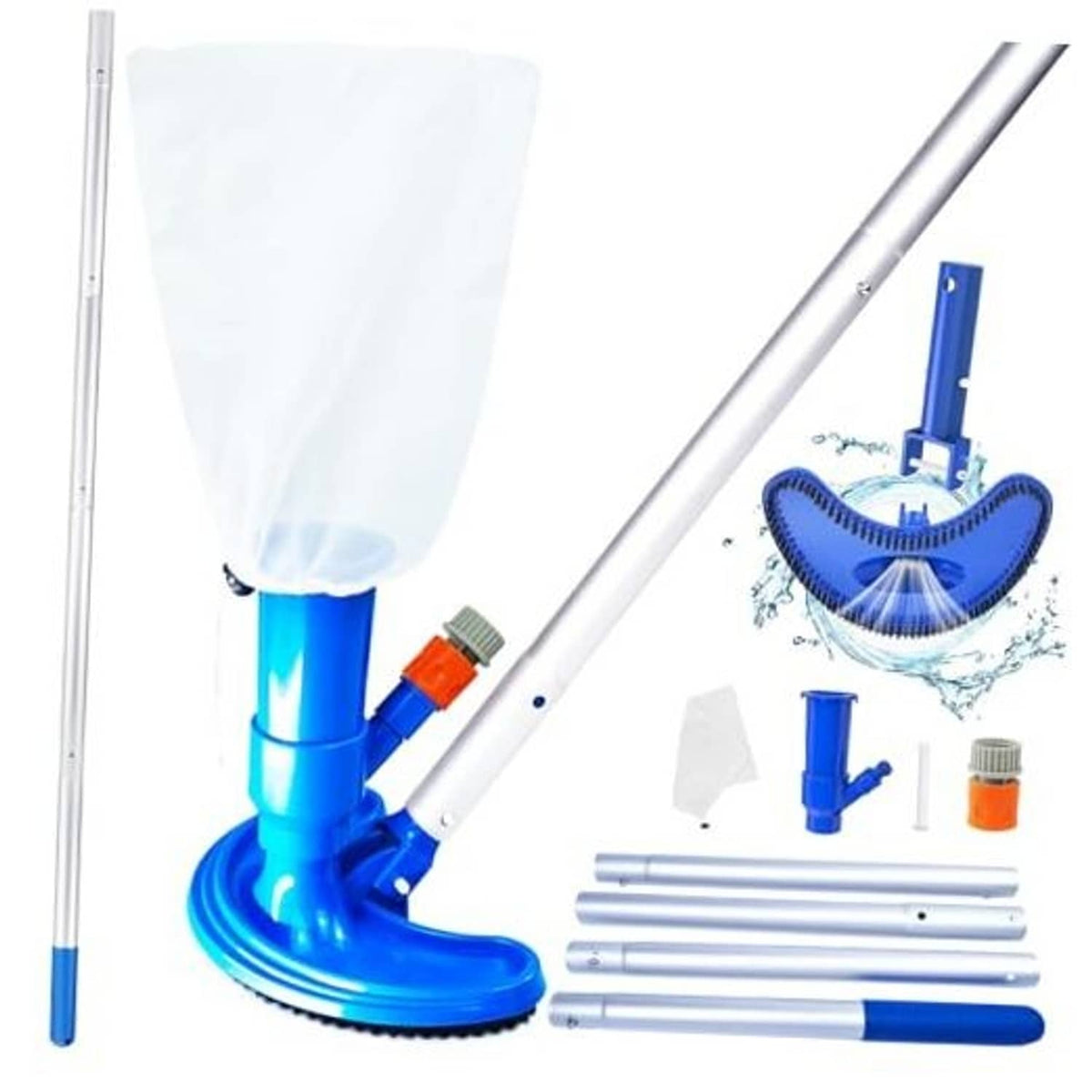 Pool vacuum cleaner head with blue brush and telescopic aluminum pole