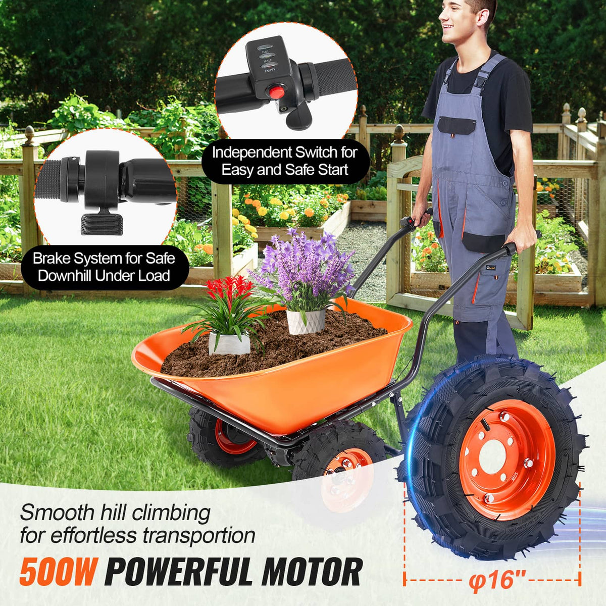 Orange electric wheelbarrow cart with black handles and large rugged tires