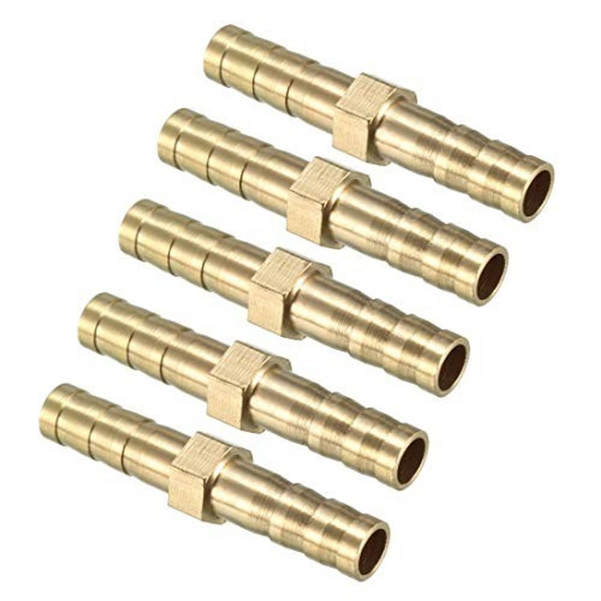 Set of brass barbed straight hose couplers with 6mm barbs (5 pieces)