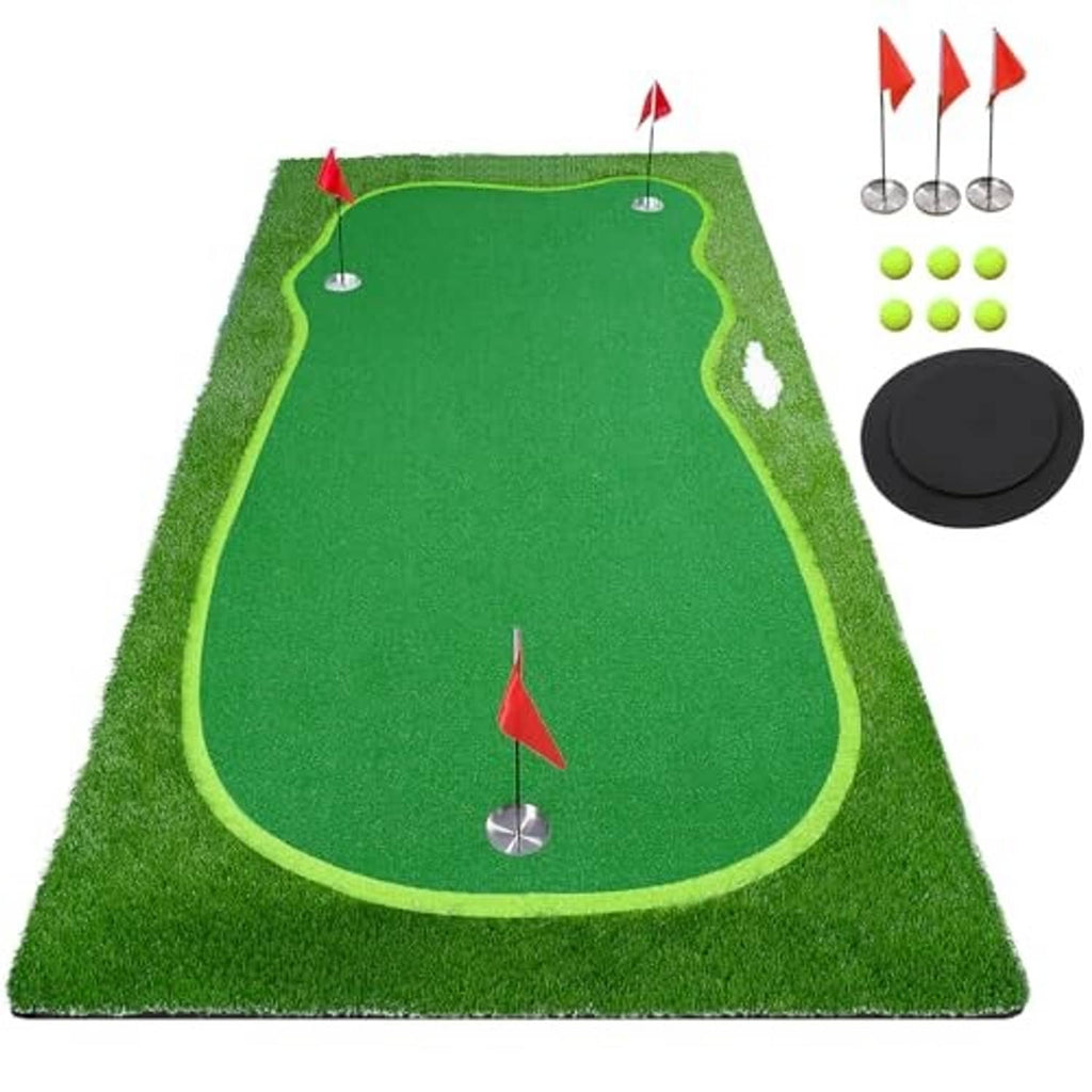 Green golf putting green mat with red flags and white ball targets, training layout