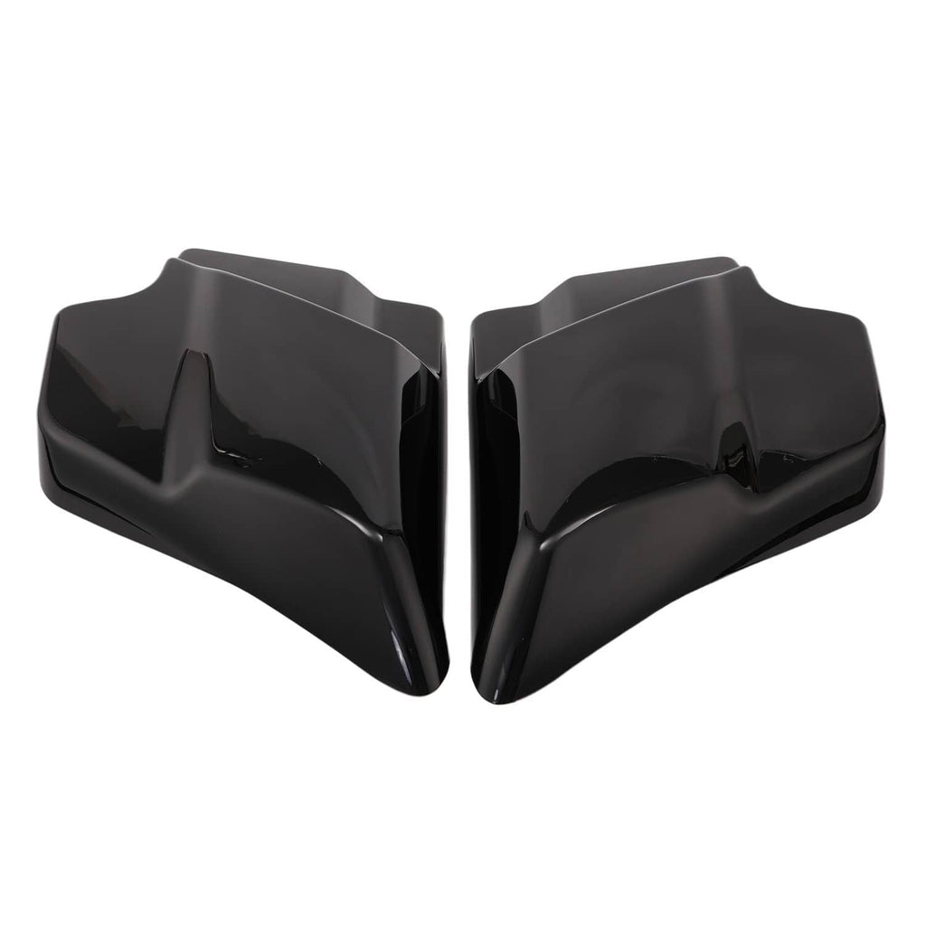 Two-piece glossy black side cover panels, curved molded plastic design