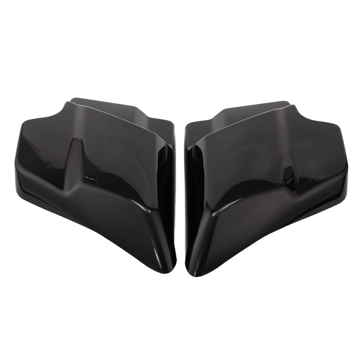 Two-piece glossy black side cover panels, curved molded plastic design