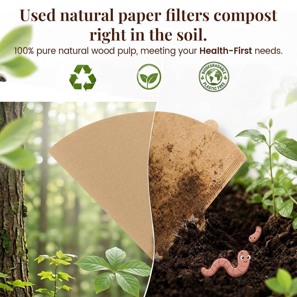 Used natural paper cone coffee filters shown composting in soil