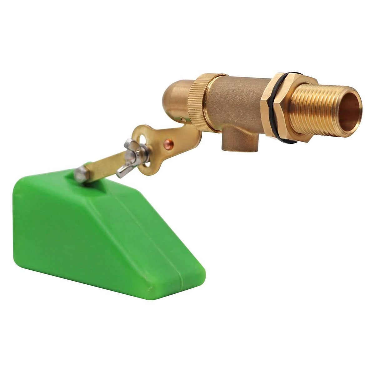 1/2-inch brass water float valve with green float and lever, angled view
