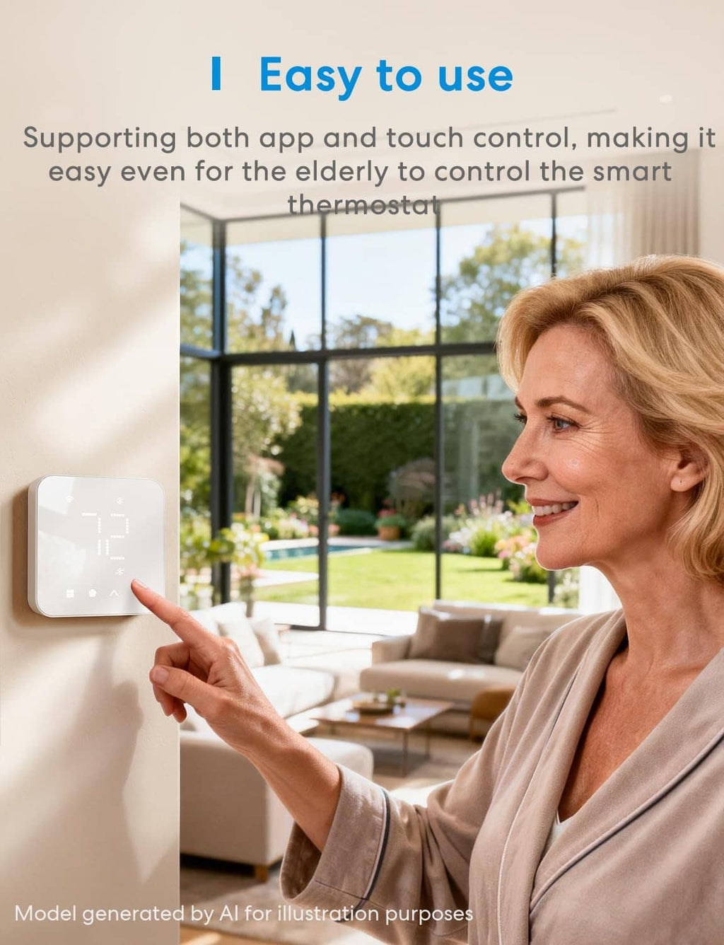 White smart thermostat with touch control and app control illustration