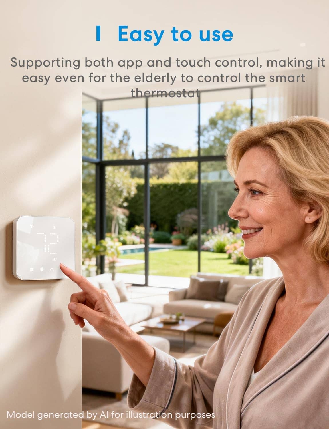 White smart thermostat with touch control and app control illustration