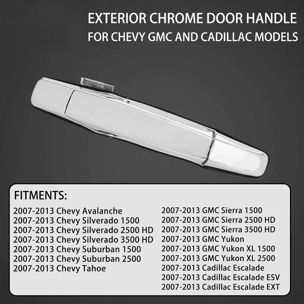 Chrome exterior door handle in streamlined rectangular shape with keyhole opening