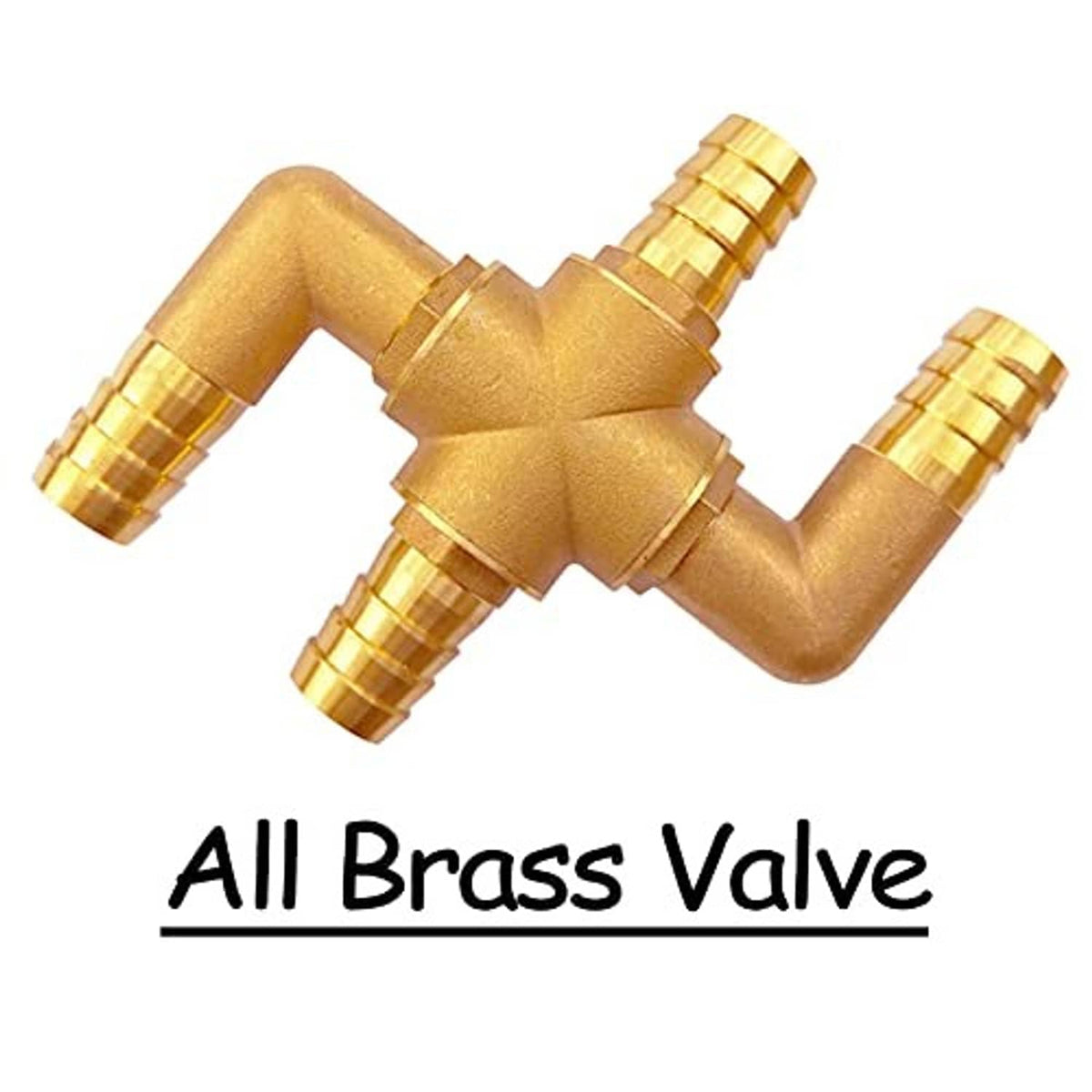 Four-way all-brass heater valve with red control handle and barbed ports