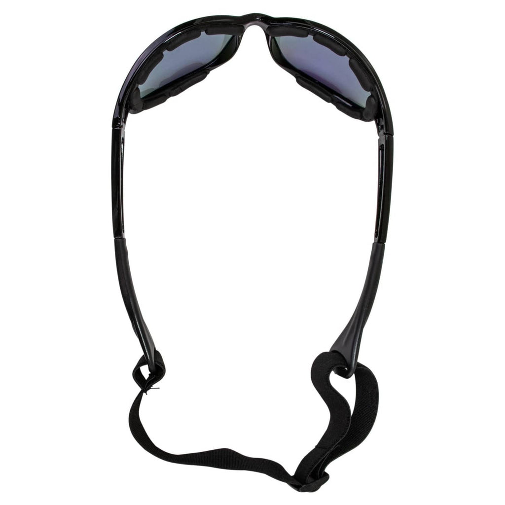 Black sports sunglasses frame with padded foam strap, lenses not visible