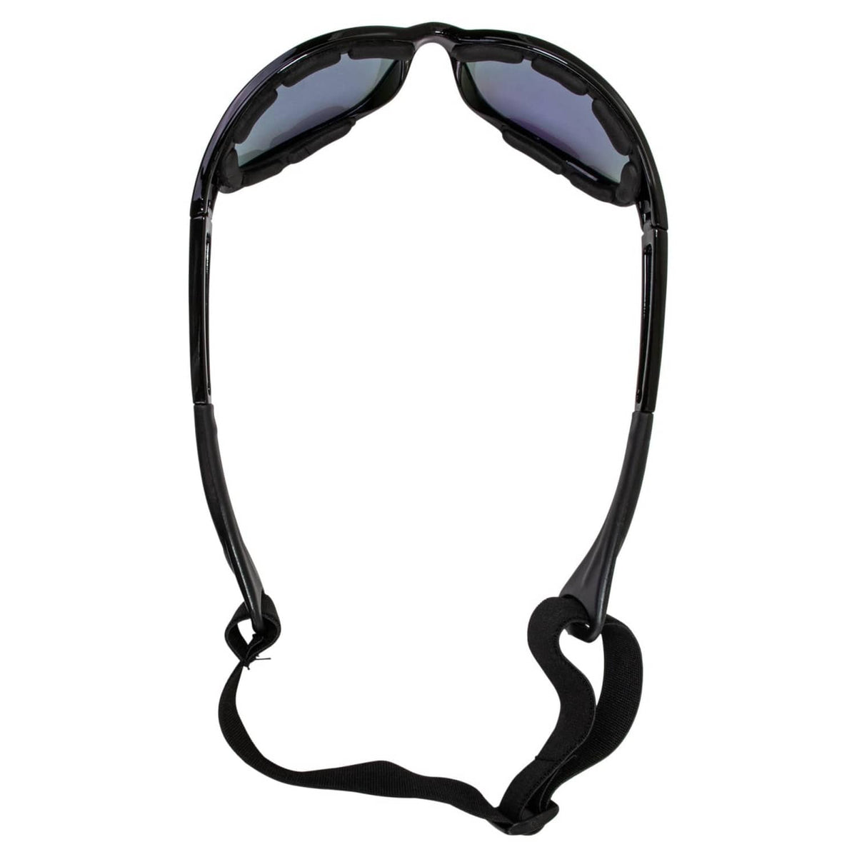Black sports sunglasses frame with padded foam strap, lenses not visible