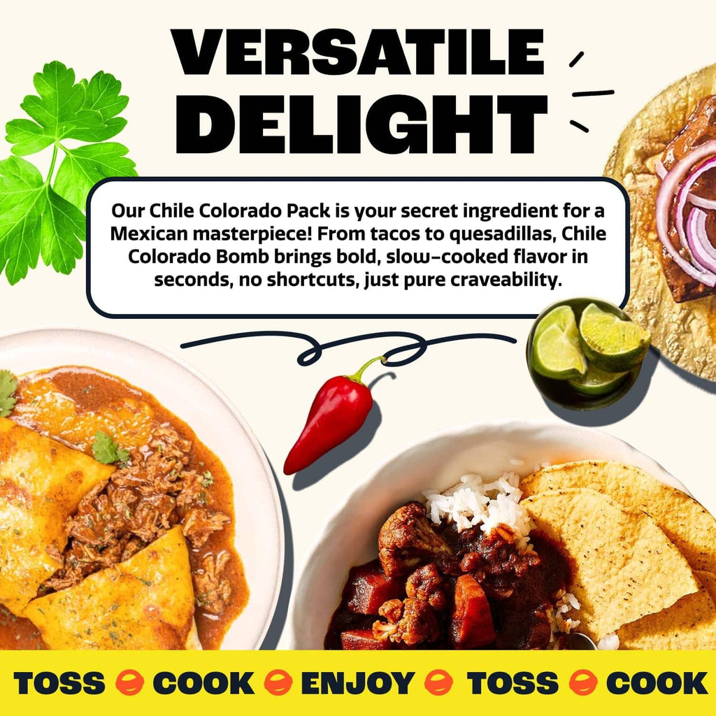 Versatile Chile Colorado Bomb seasoning mix packet with plated meal photos and serving suggestions