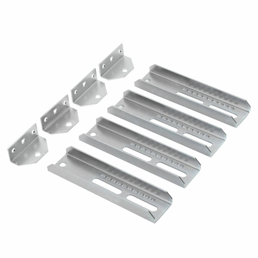 Galvanized trailer bunk brackets and corner mounts with perforated slots and bolt holes