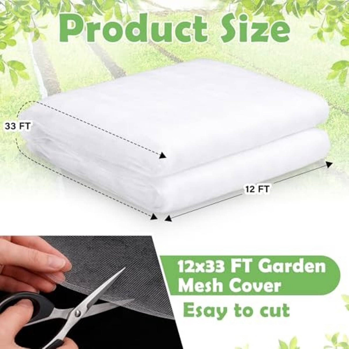 White garden mesh cover, 12 x 33 ft, easy to cut