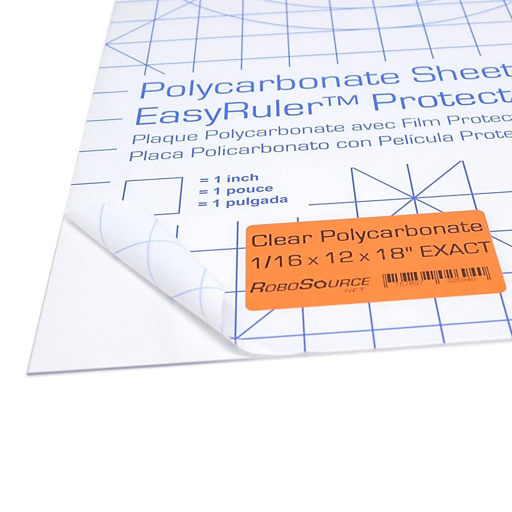 Clear polycarbonate plastic sheet with grid markings and size label on top