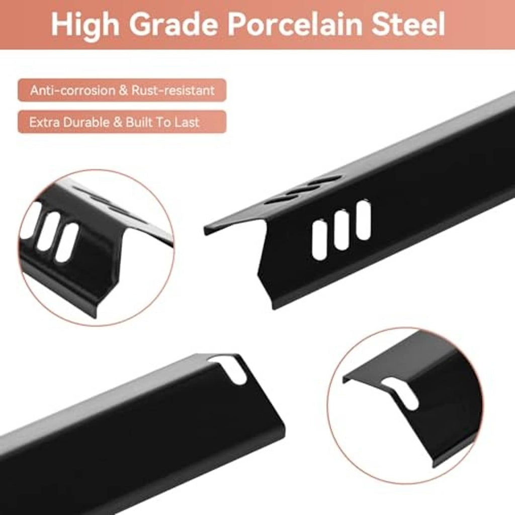 Black enamel steel burner covers with vent cutouts and angled end