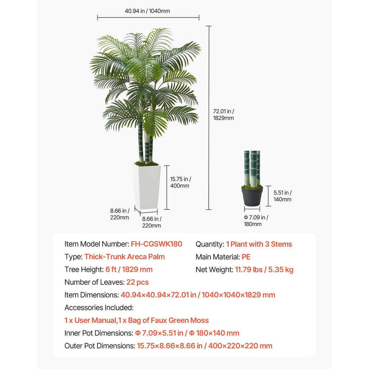 Faux areca palm tree with green fronds and white pot, size diagram