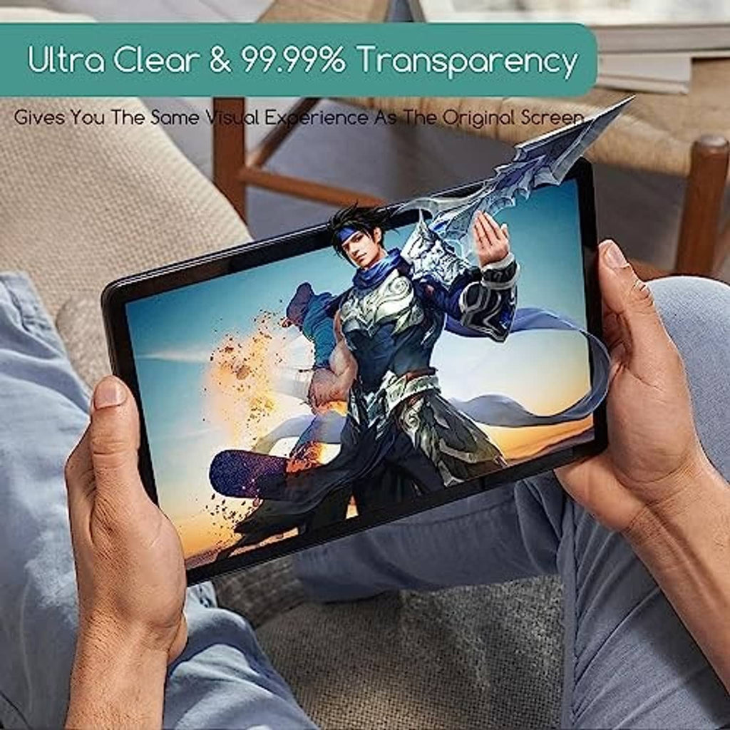 Tablet screen with tempered glass protector showing an ultra-clear display while held