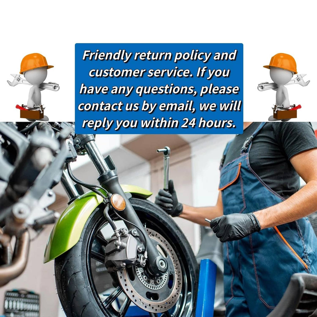 Motorcycle service technician with customer support and return policy message