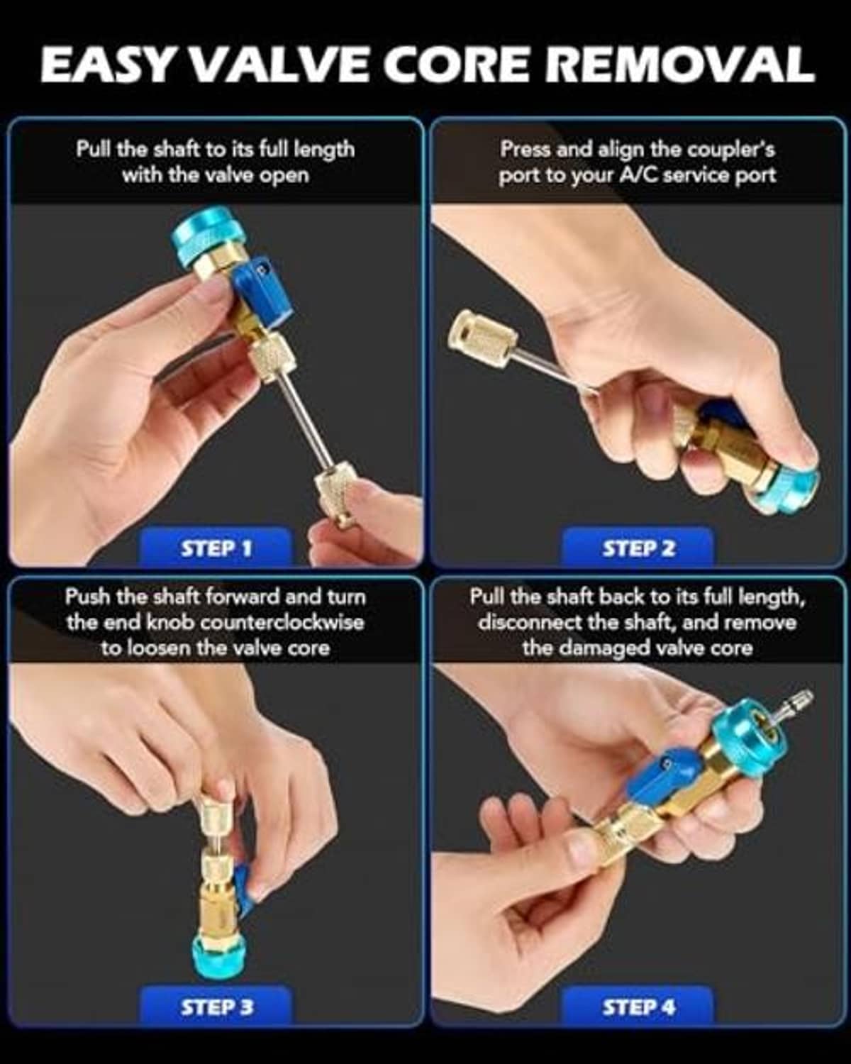 Valve core removal tool kit shown with blue coupler and gold connector held in hand