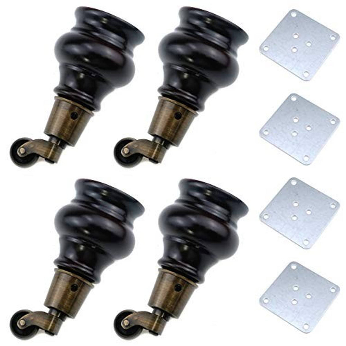 Set of black spiral furniture replacement legs with casters and mounting plates